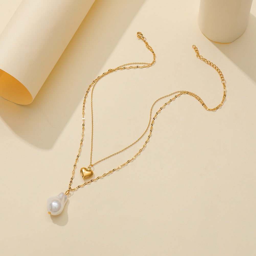Baroque Shaped Pearl Pendant Fashion Titanium Steel True Gold Love Neckchain Double Layer Necklace