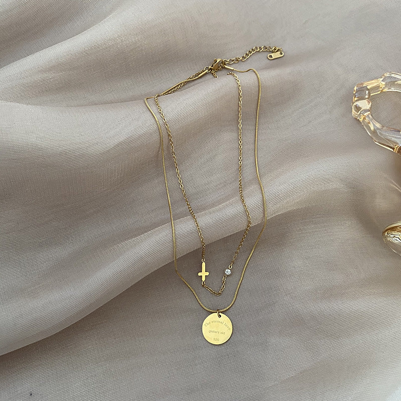 Women's Fashion Simple Double-layer Titanium Steel Wafer Pendant Necklace