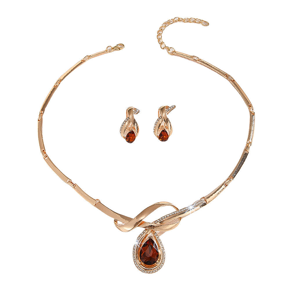 Gold Inlaid White Rhinestone Brown Crystal Necklace And Earrings Suite