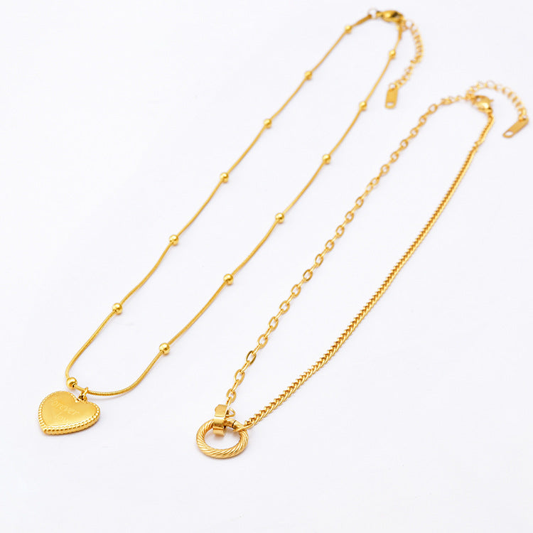 Women's Double Ring Love Necklace Titanium Steel Color Protection