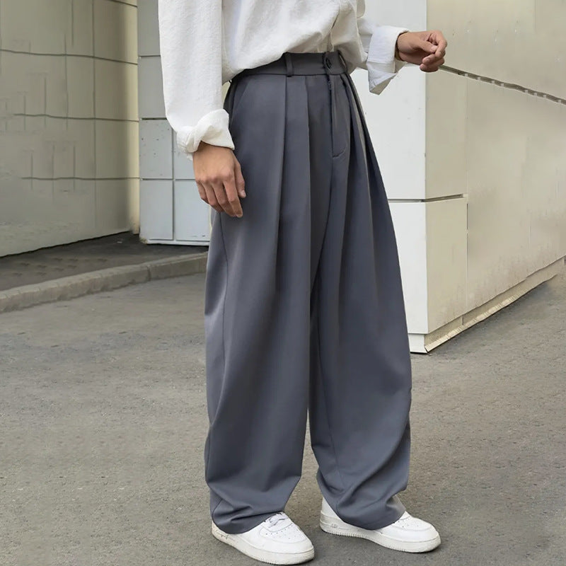 Solid-color Double-pleat Straight-leg Casual Pants