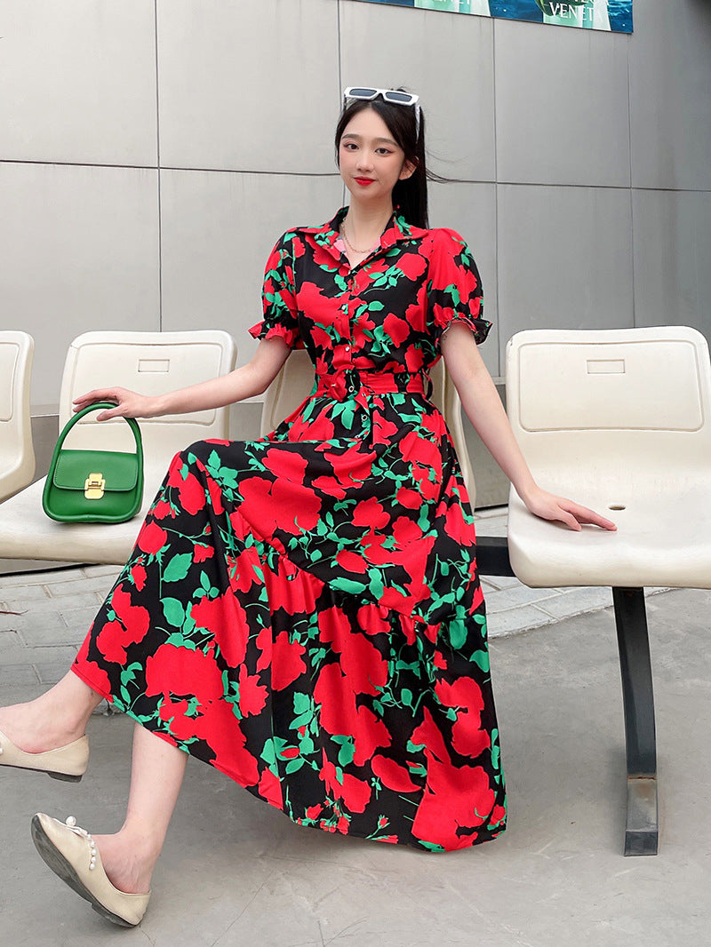 Floral Lapel Loose Fitting Short Sleeve Dress