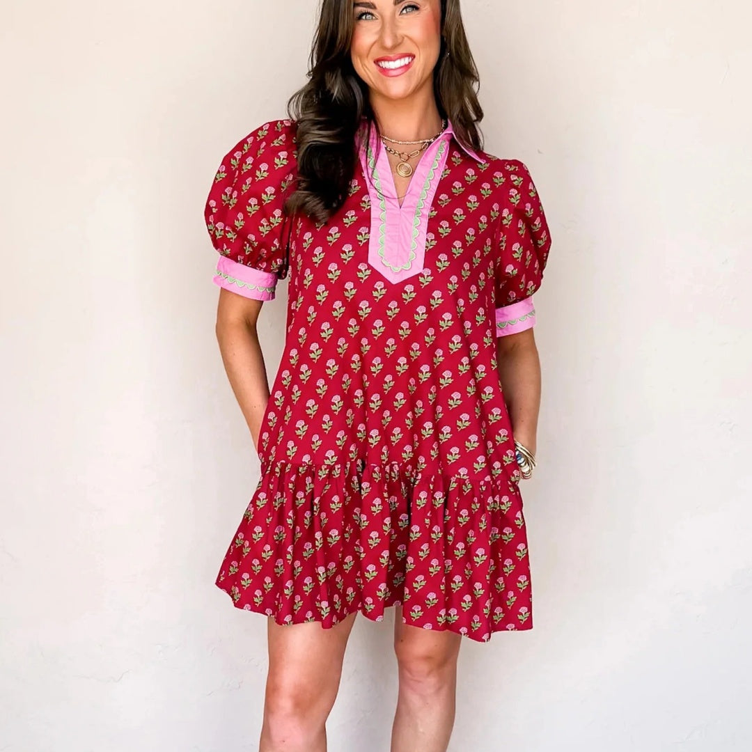 Red Floral Print Contrasted V Neck Short Bubble Sleeve Mini Dress
