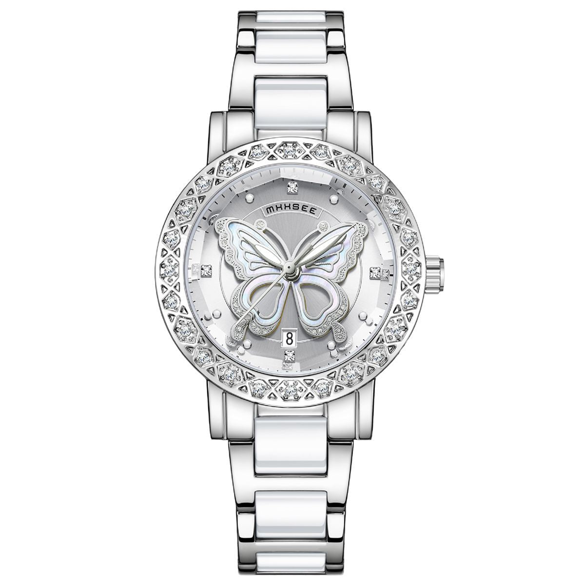 Butterfly Diamond-encrusted Luxury Women's Watch With Calendar And Steel Strap