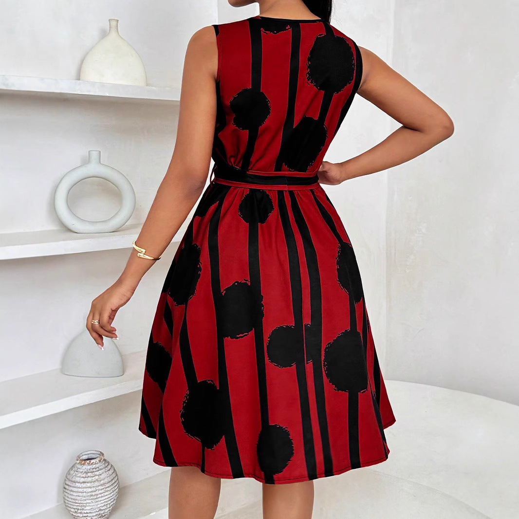 Womens European And American-style Belted A-line Dress