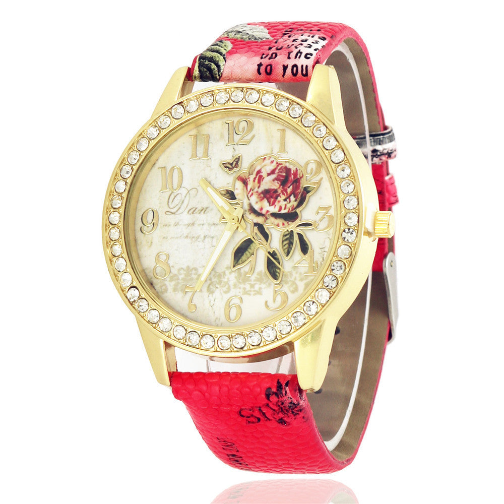 Diamond-inlaid Gold Case Rose Pattern Fashion Quartz Watch