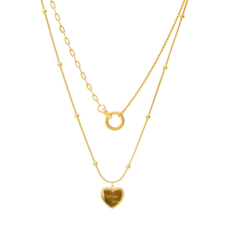 Women's Double Ring Love Necklace Titanium Steel Color Protection