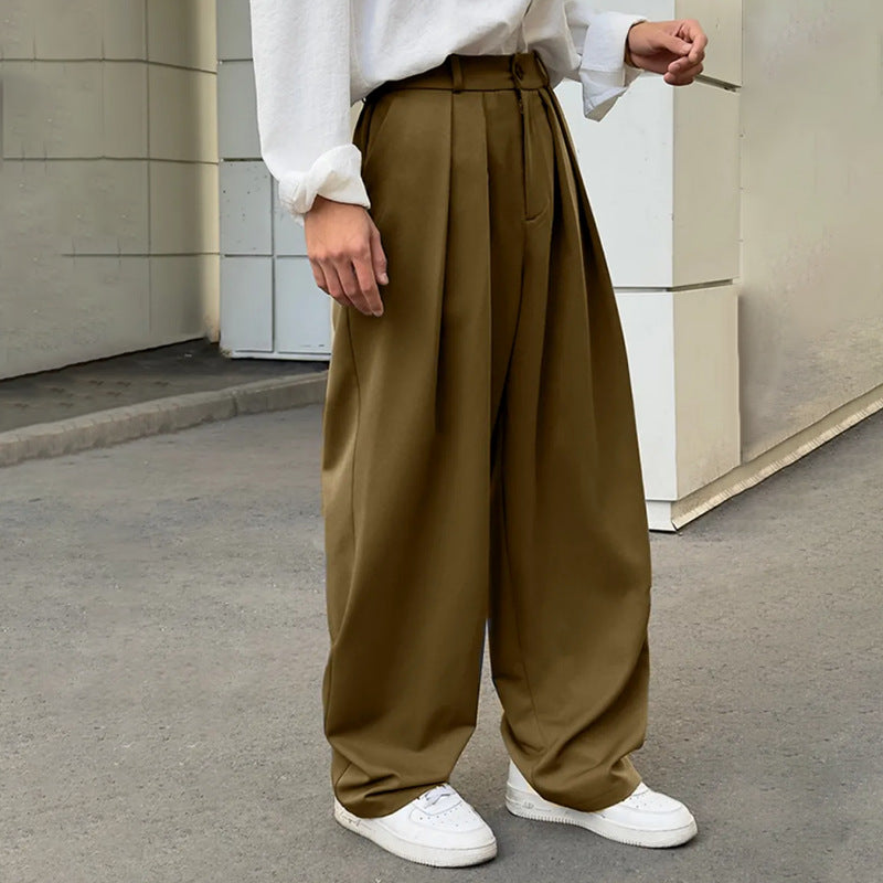 Solid-color Double-pleat Straight-leg Casual Pants