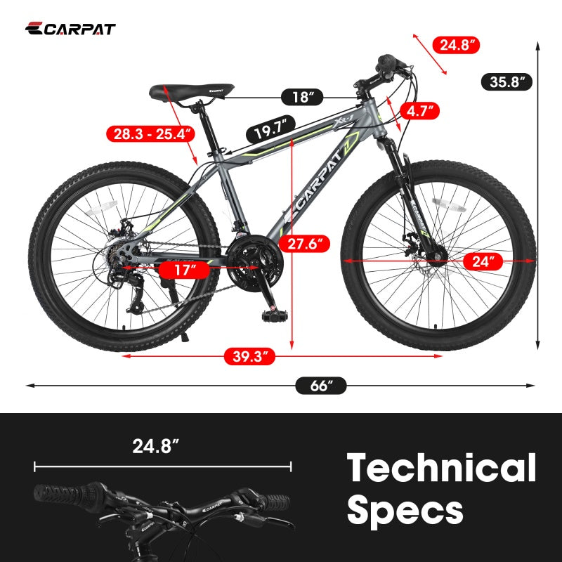 24 Inch Mountain Bike, Suitable For Boys And Girls, Steel Frame, Shimano 21 Speed Mountain Bike, With Dual Disc Brakes And Front Suspension, Banned Platform Temu