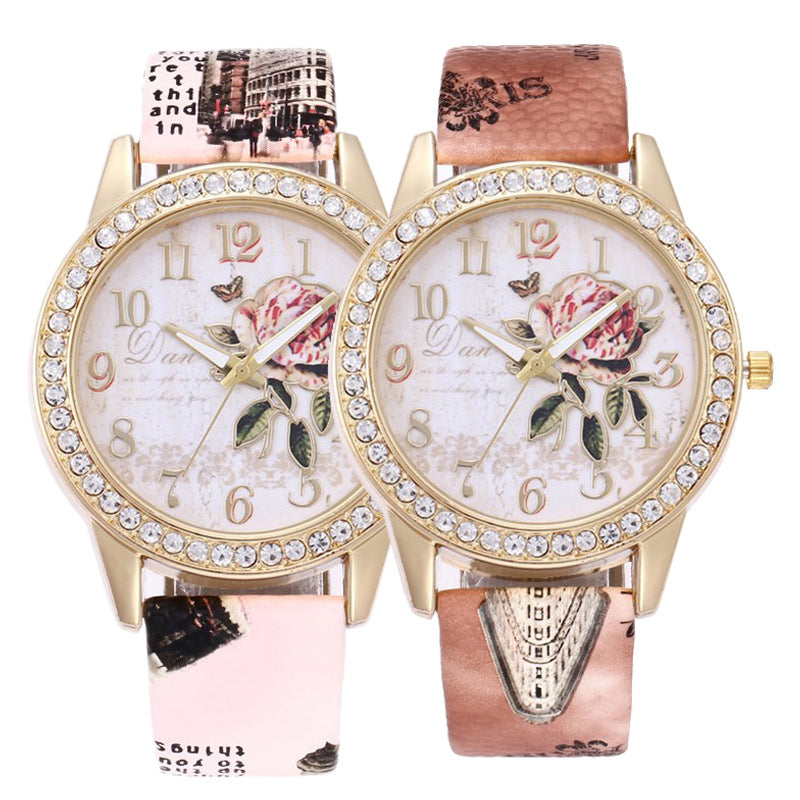 Diamond-inlaid Gold Case Rose Pattern Fashion Quartz Watch