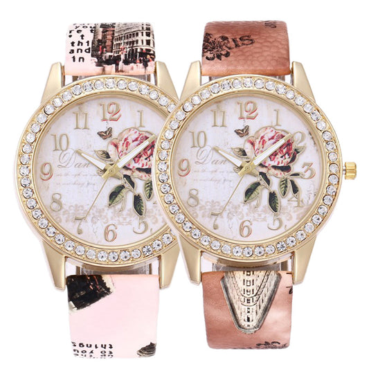 Diamond-inlaid Gold Case Rose Pattern Fashion Quartz Watch