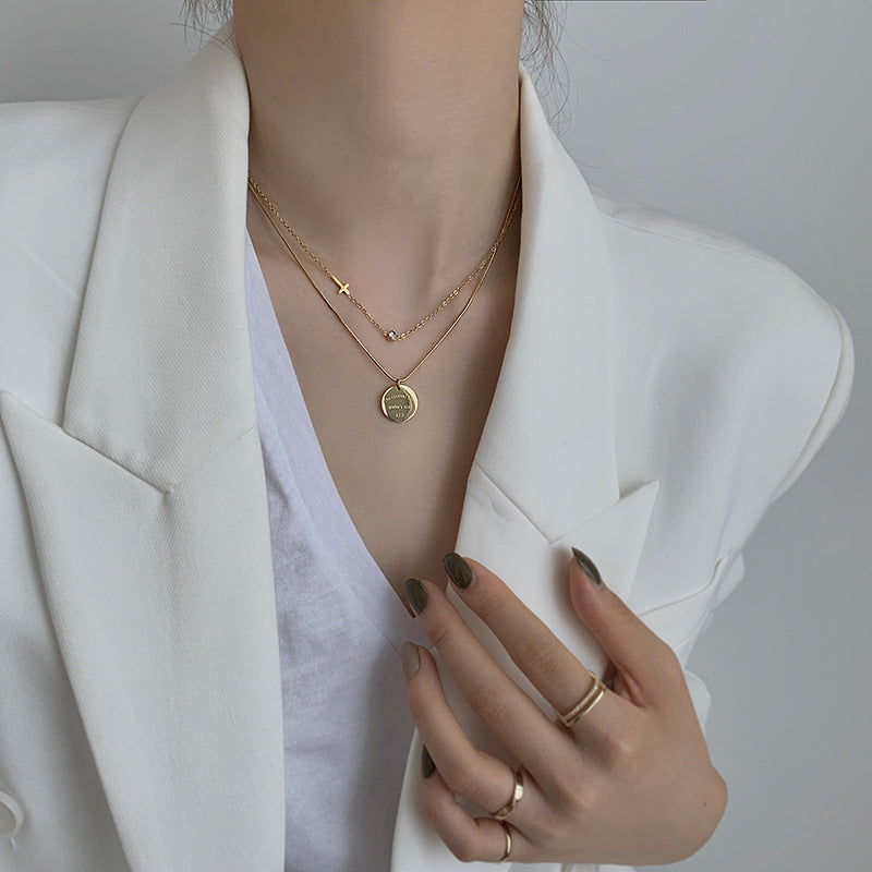 Women's Fashion Simple Double-layer Titanium Steel Wafer Pendant Necklace