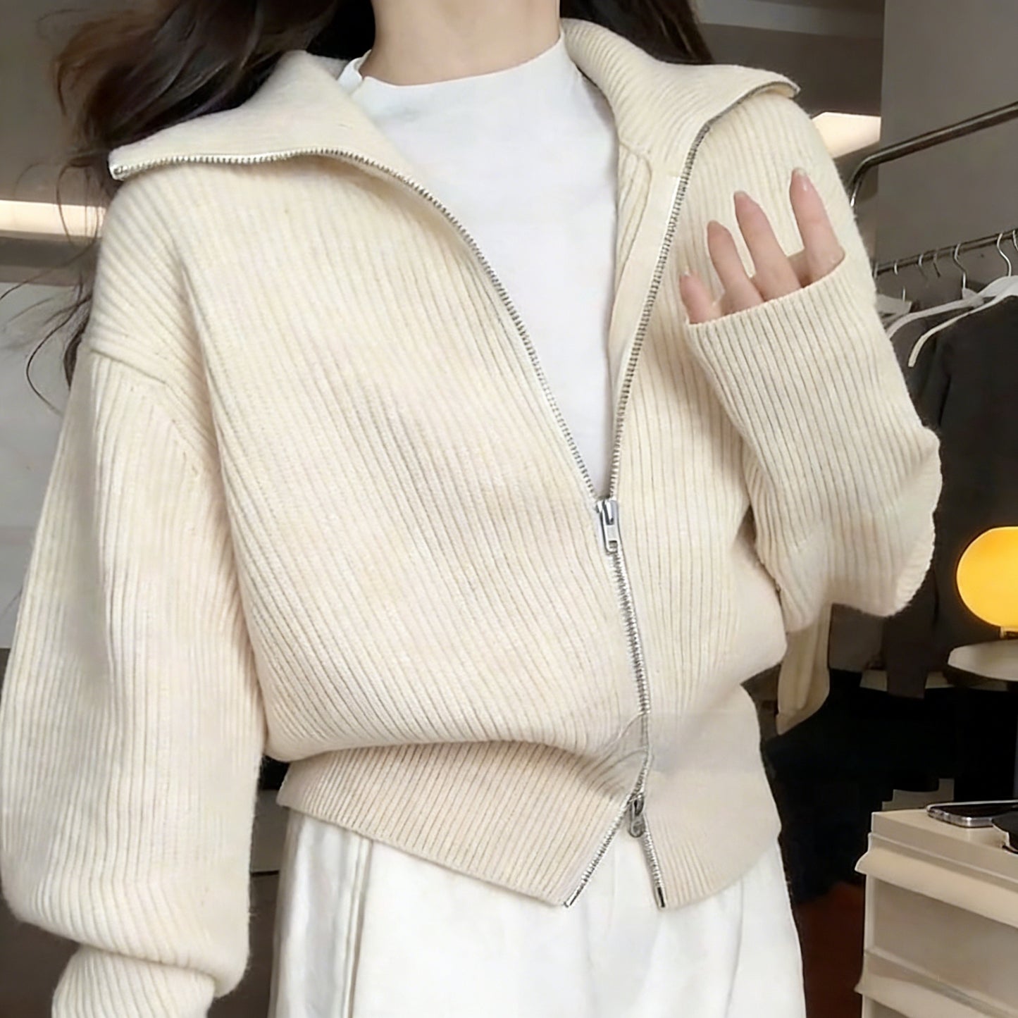 Womens Double Zippered Lapel Knitted Cardigan For FallWinter Soft Cozy And Perfect As A Short Outer Layer Or Top