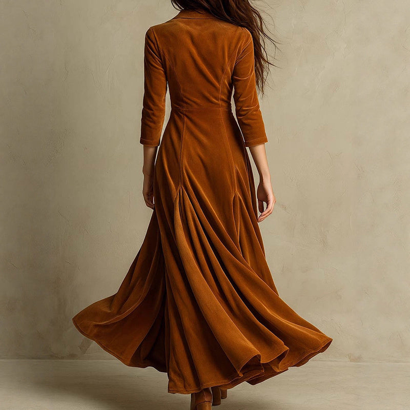 Women's Solid Color V-Neck Long Dress With Button Front And Flowy Skirt, Elegant Maxi Dress For Spring Fall