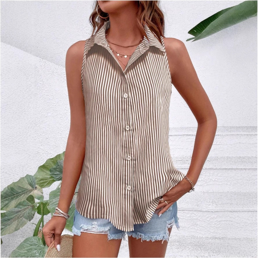 Womens Loose Casual Striped Printed Sleeveless Shirt