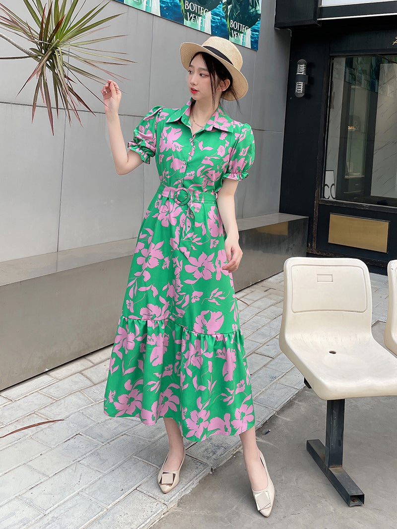Floral Lapel Loose Fitting Short Sleeve Dress