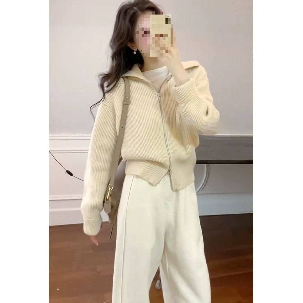 Womens Double Zippered Lapel Knitted Cardigan For FallWinter Soft Cozy And Perfect As A Short Outer Layer Or Top