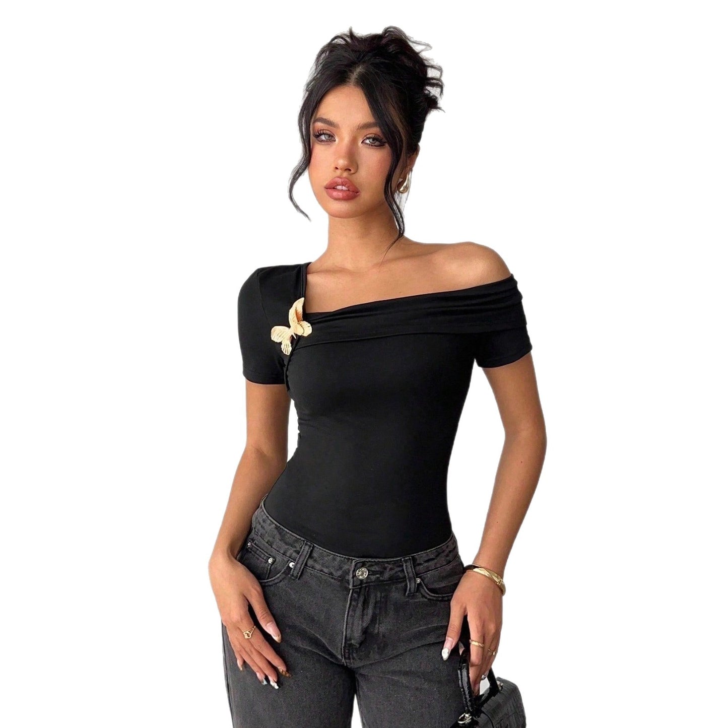 Womens Solid-Color Elegant Minimalist Off-Shoulder Top