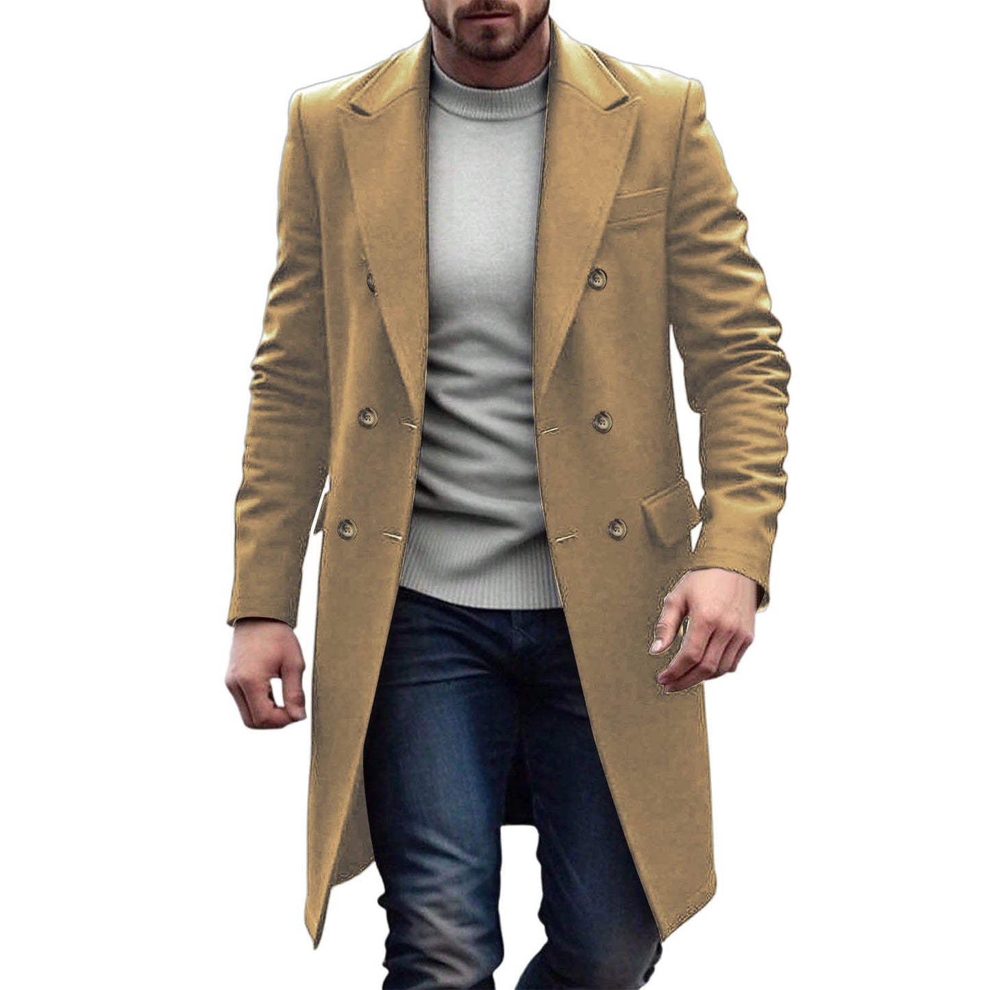 Men's Solid-color Casual Double-breasted Wool Coat