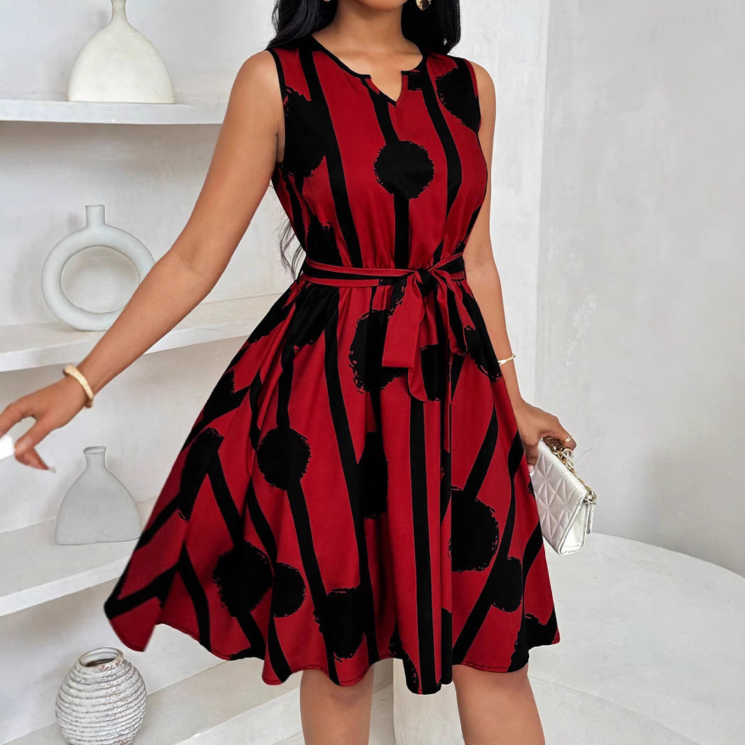 Womens European And American-style Belted A-line Dress