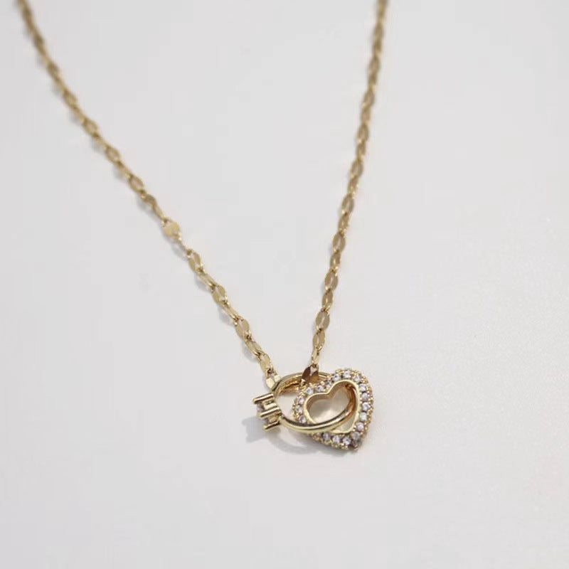 Double Ring Love Heart Diamond Ring Titanium Steel Necklace