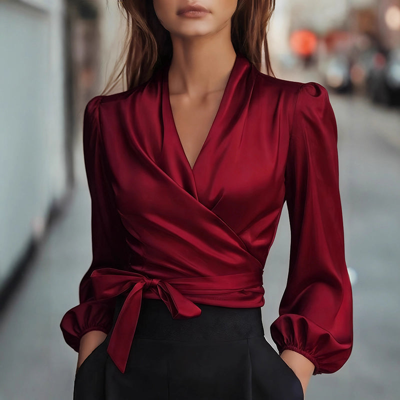 Women's Elegant Solid Color V-Neck Satin Long Sleeve Blouse, Tie Waist Professional Office Shirt For Spring Autumn