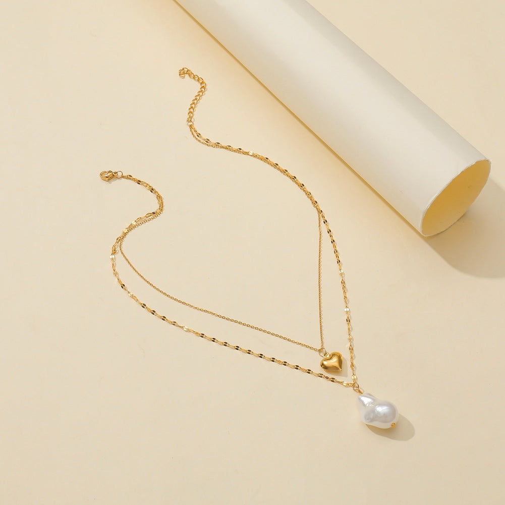 Baroque Shaped Pearl Pendant Fashion Titanium Steel True Gold Love Neckchain Double Layer Necklace