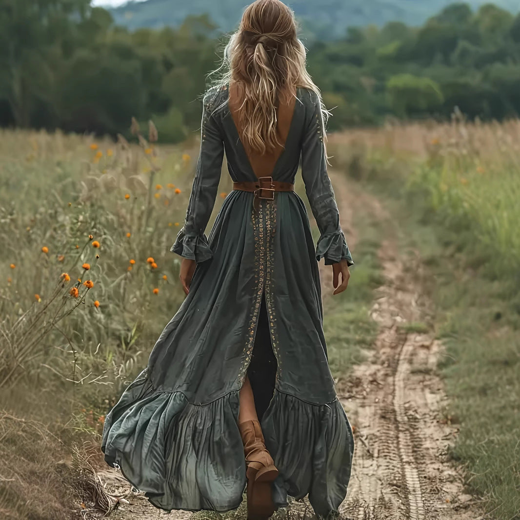 Retro Bohemian Country-Style Backless Waist-Cinching Dress