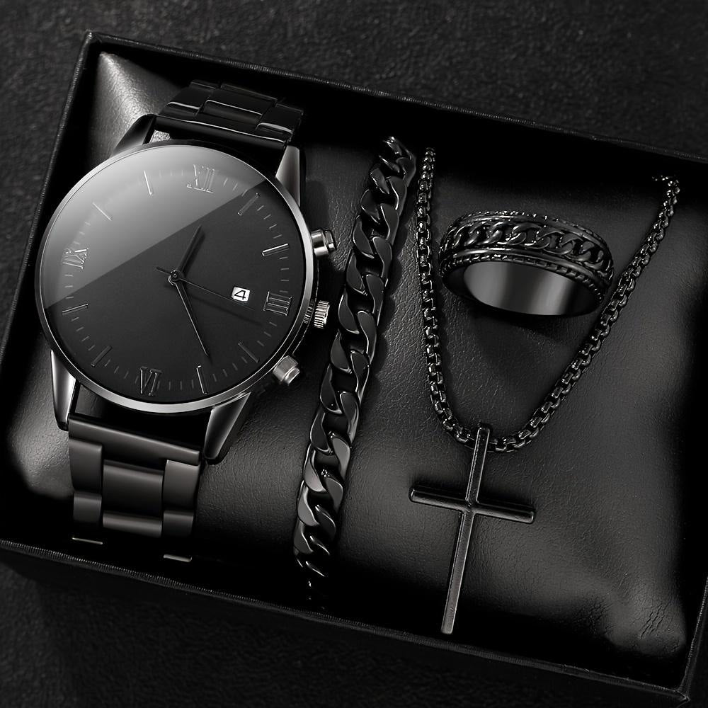 Men's Black Minimalist Quartz Watch Set
