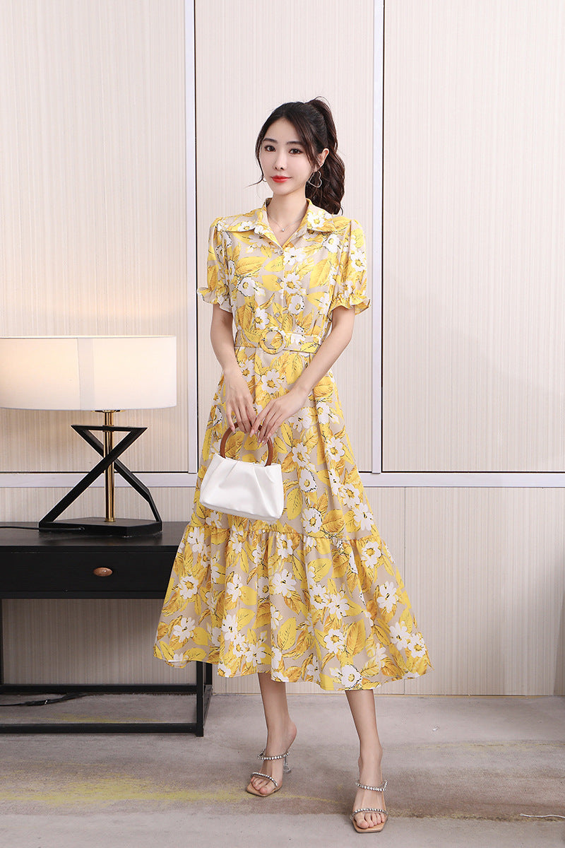 Floral Lapel Loose Fitting Short Sleeve Dress