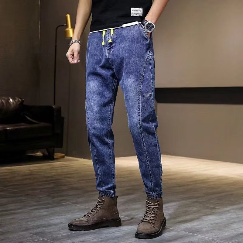 Cropped Casual Pants With Distressed Wash And Elastic Waist