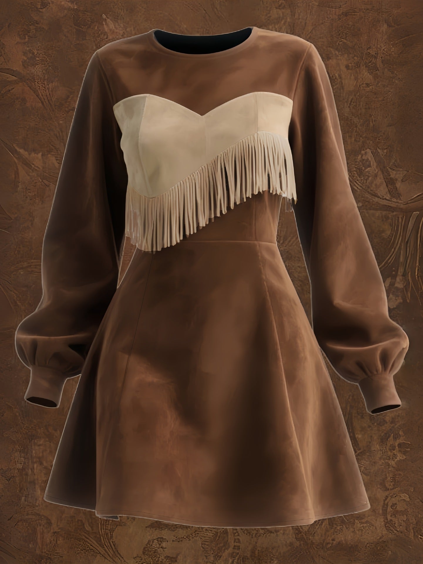 Contrast-color Patchwork Faux Suede Tassel Crew-neck Mini Dress