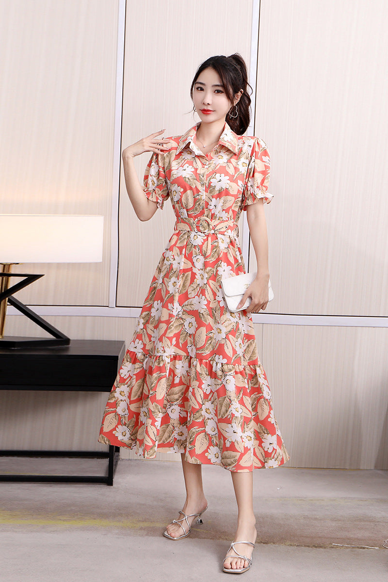 Floral Lapel Loose Fitting Short Sleeve Dress