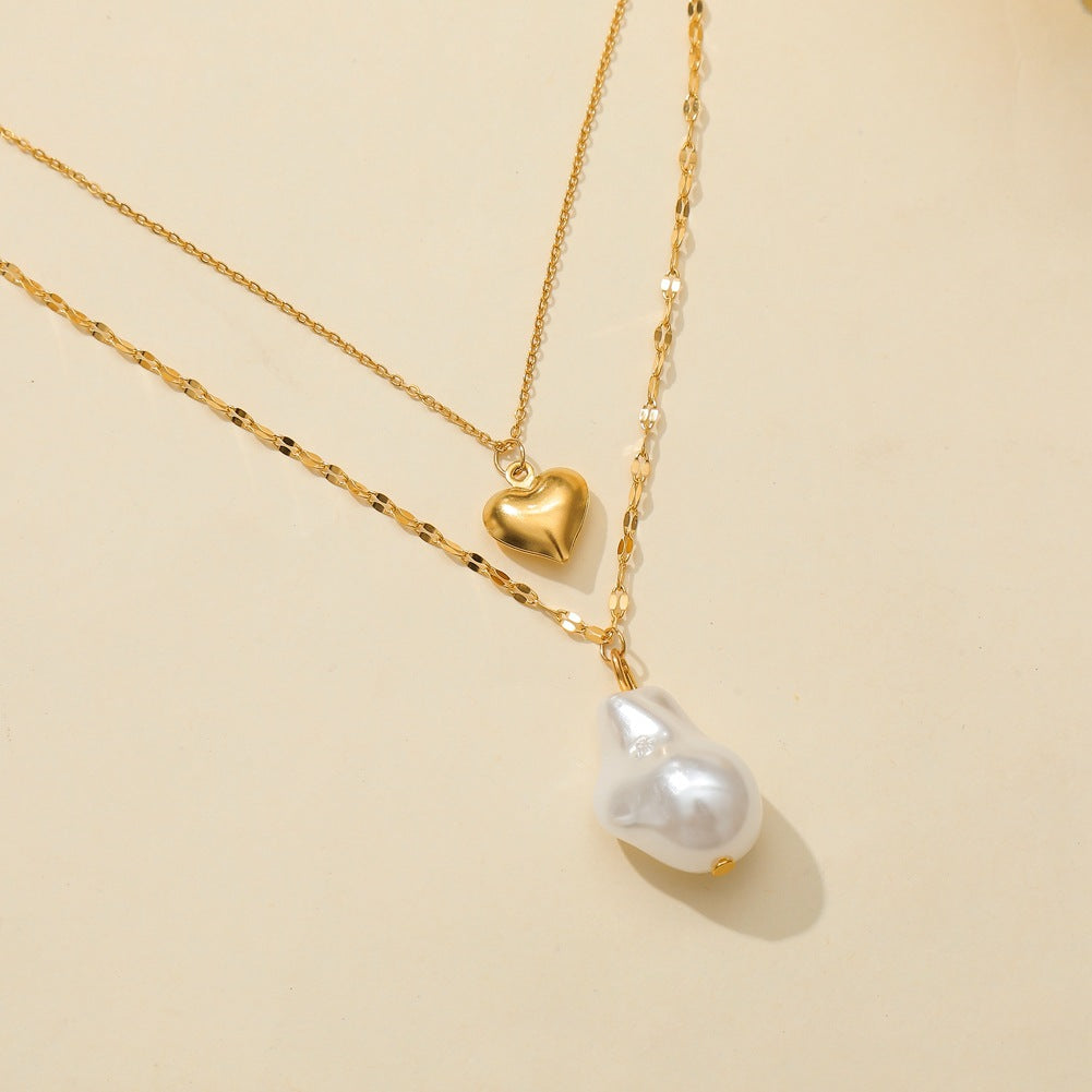 Baroque Shaped Pearl Pendant Fashion Titanium Steel True Gold Love Neckchain Double Layer Necklace