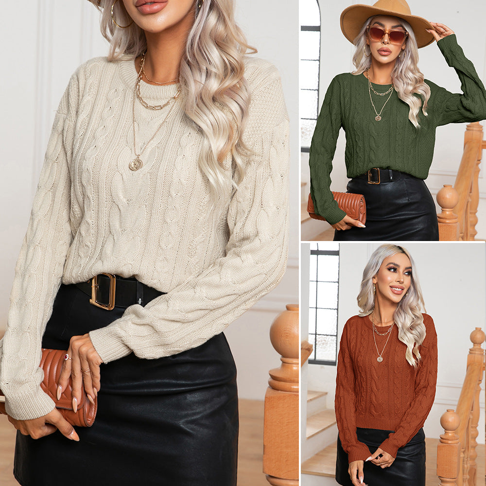 Womens Retro Cable-Knit Long-Sleeve Knitted Pullover Sweater