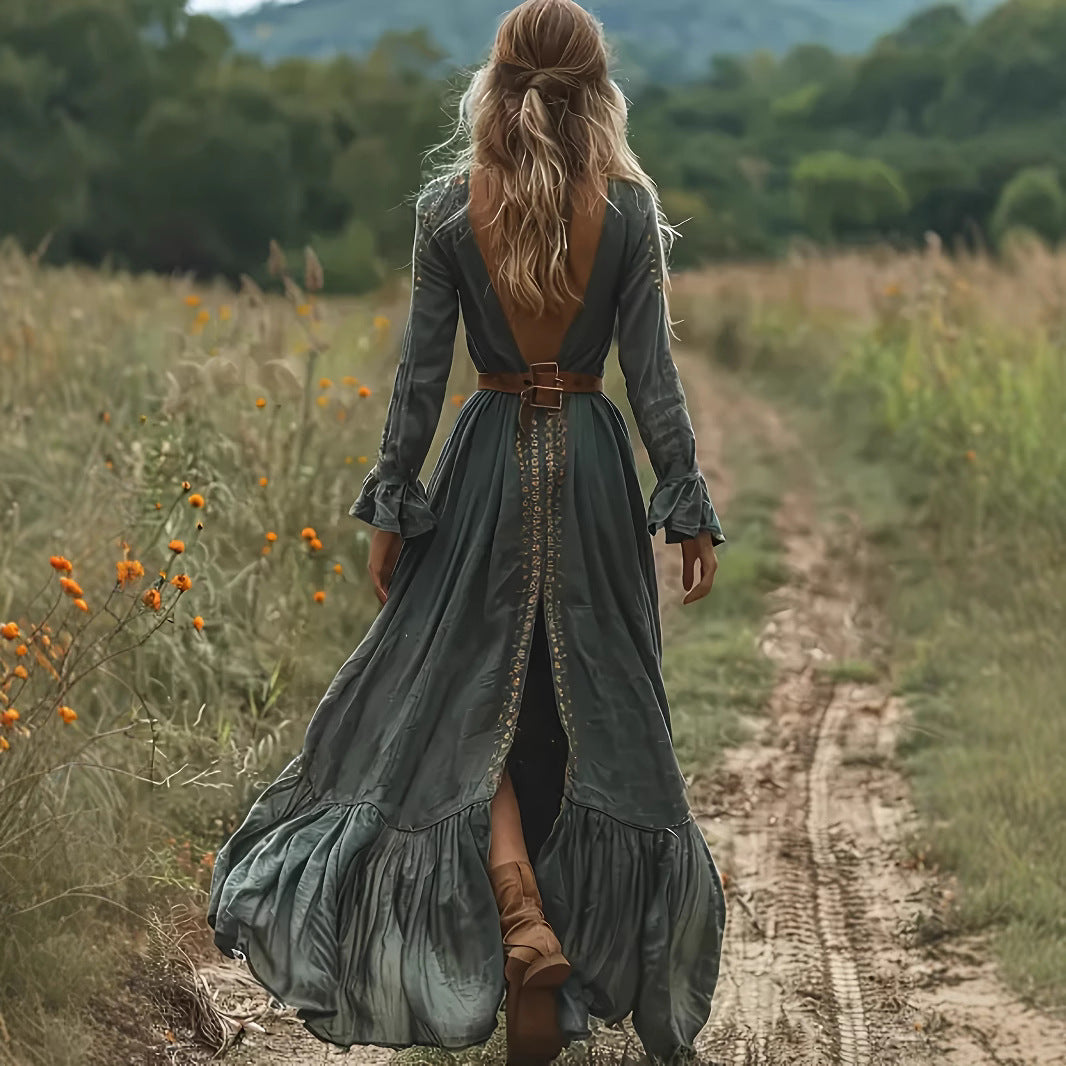 Retro Bohemian Country-Style Backless Waist-Cinching Dress