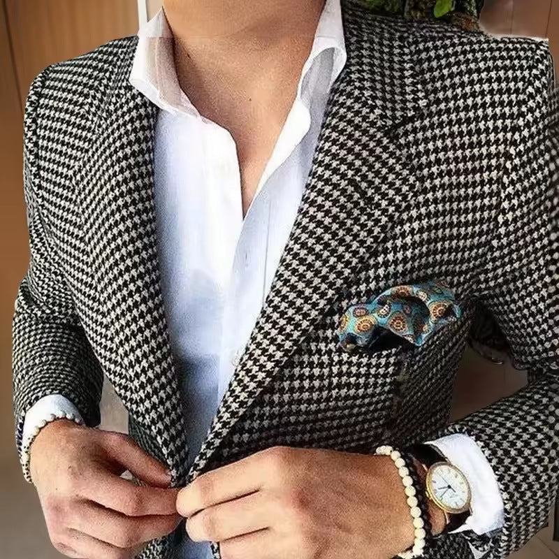 Mens Casual Houndstooth Blazer Coat