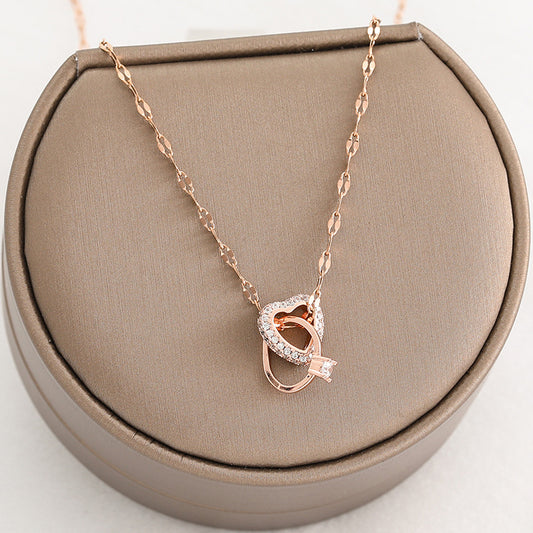 Double Ring Love Heart Diamond Ring Titanium Steel Necklace