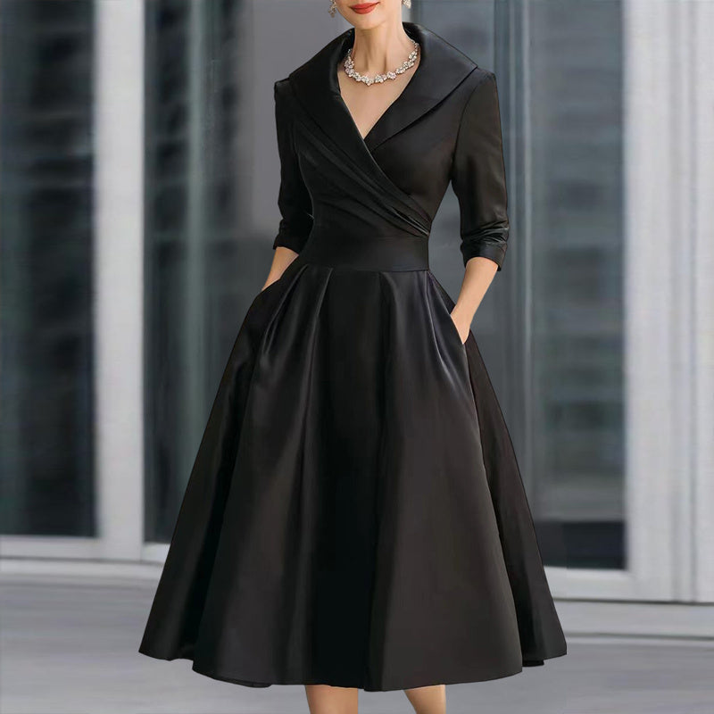 Women's Elegant Solid Cross V-Neck Midi Dress With Flared Skirt And Pockets Spring Summer Formal Dress
