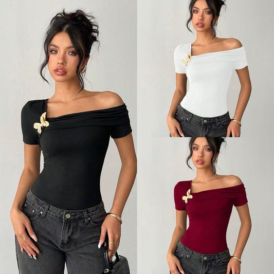 Womens Solid-Color Elegant Minimalist Off-Shoulder Top