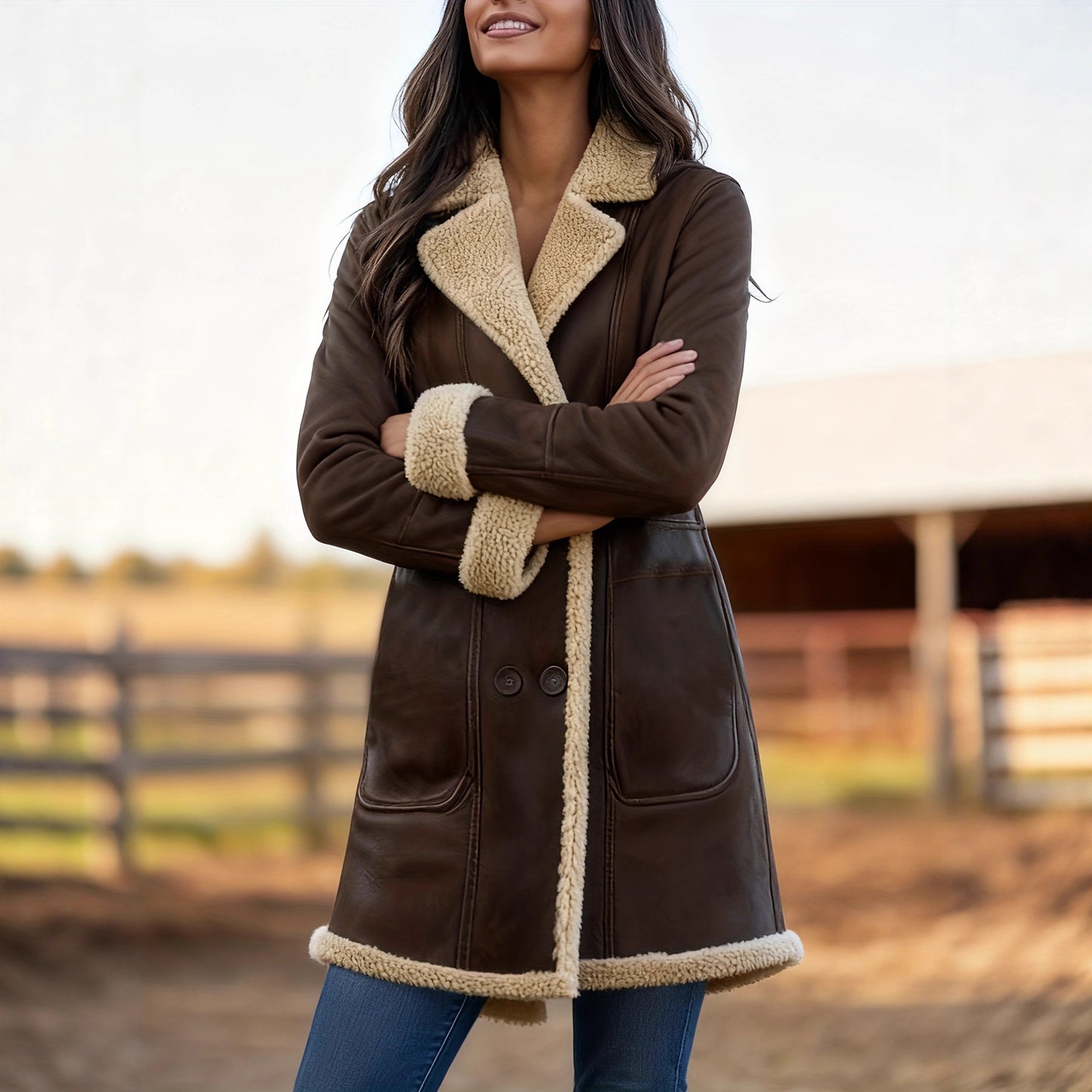 Womens New Mid-Length Fleece-Lined Retro Plush Lapel Pocket Double-Breasted Leather Coat