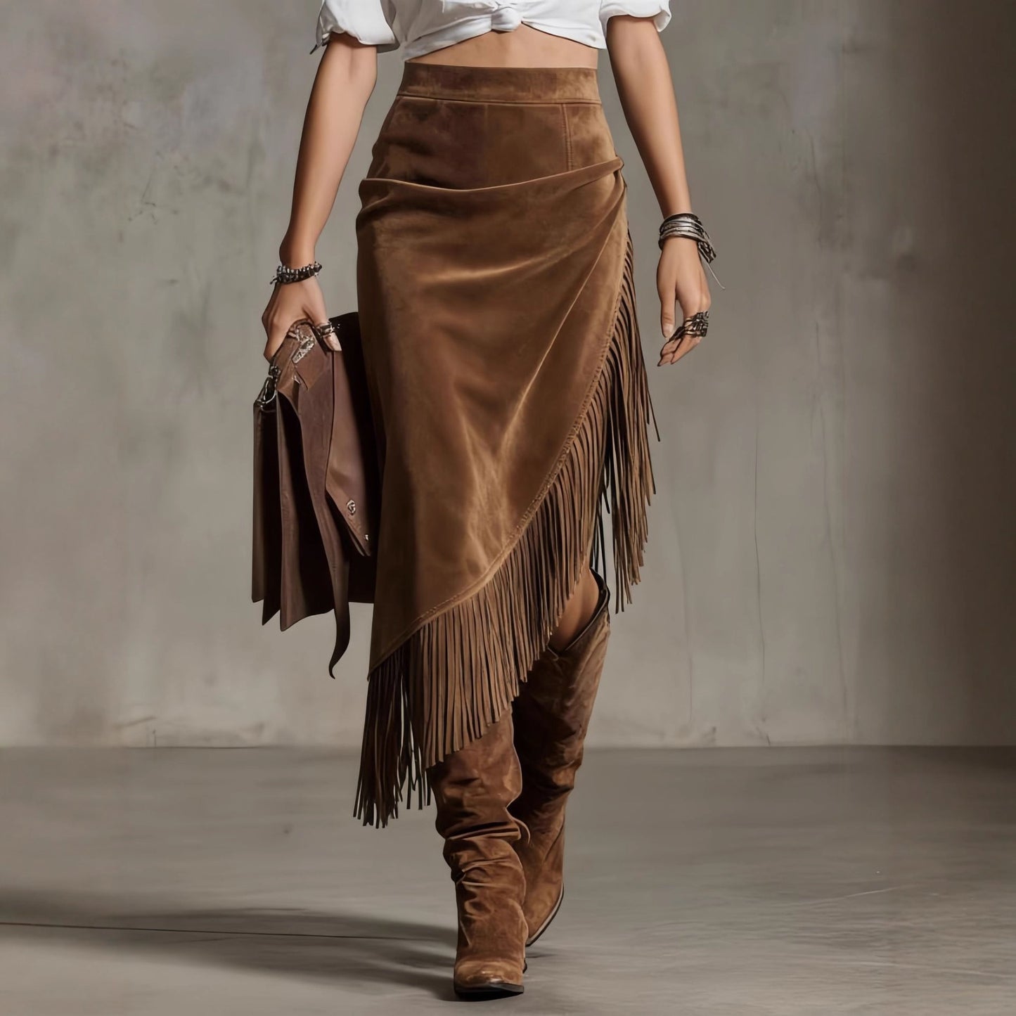 Womens Retro Western Fringe Hem Irregular Suede Skirt
