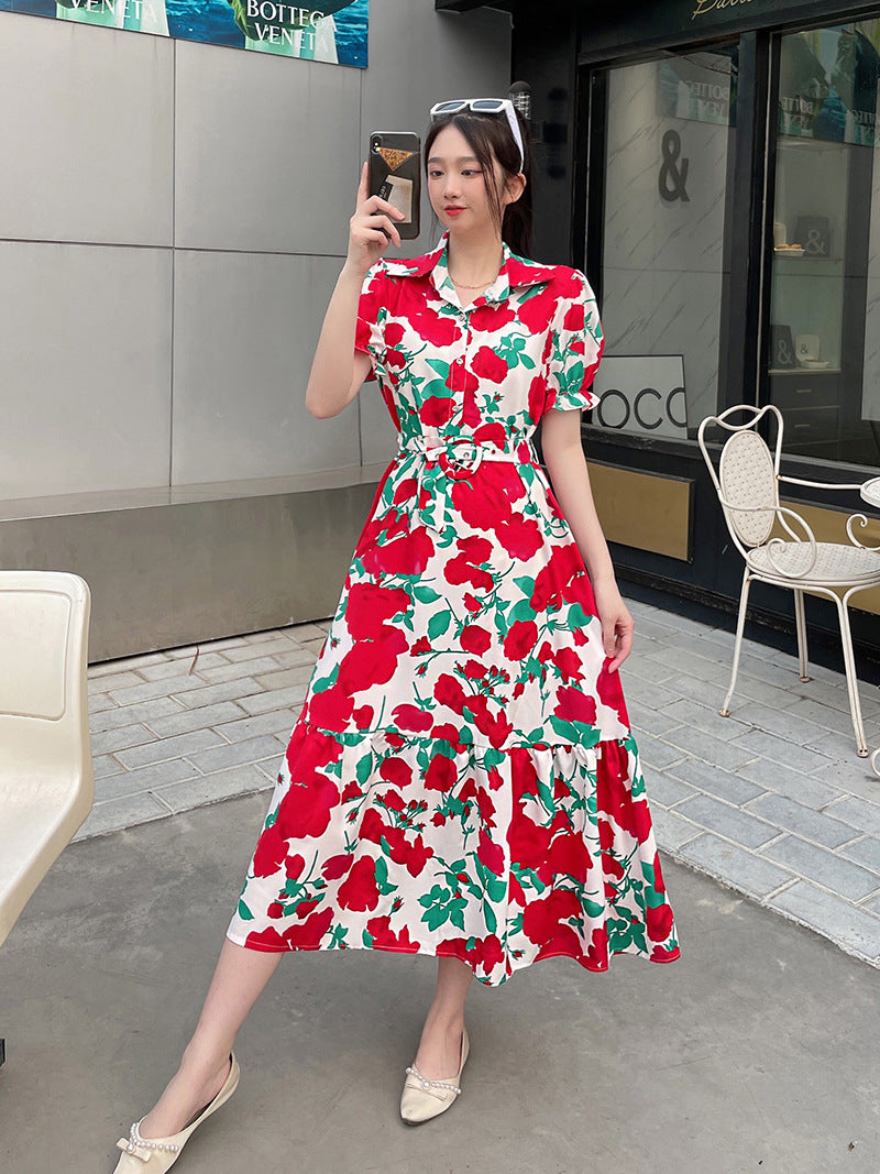 Floral Lapel Loose Fitting Short Sleeve Dress