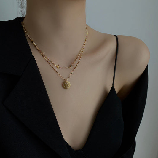 Women's Fashion Simple Double-layer Titanium Steel Wafer Pendant Necklace