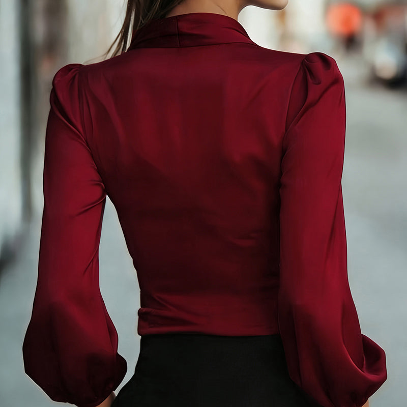 Women's Elegant Solid Color V-Neck Satin Long Sleeve Blouse, Tie Waist Professional Office Shirt For Spring Autumn
