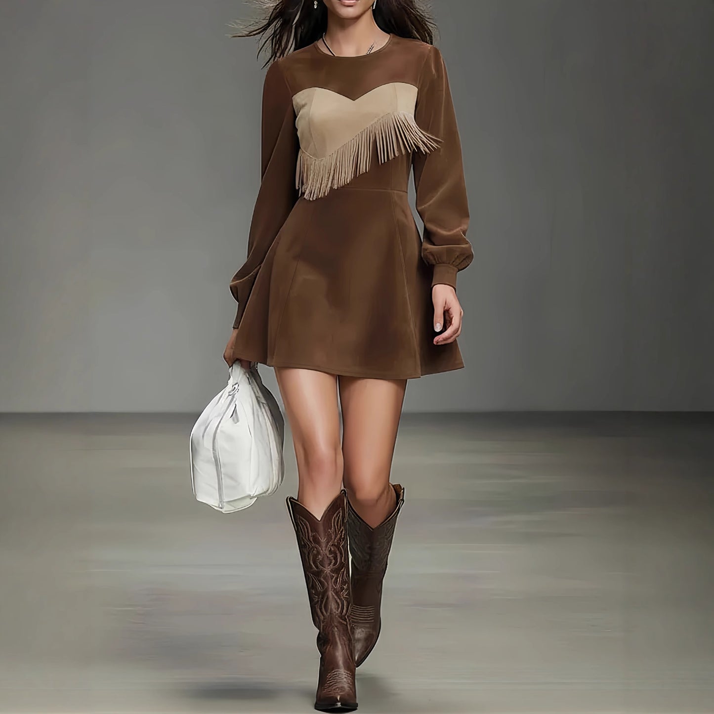 Contrast-color Patchwork Faux Suede Tassel Crew-neck Mini Dress