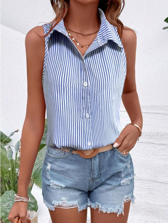 Womens Loose Casual Striped Printed Sleeveless Shirt