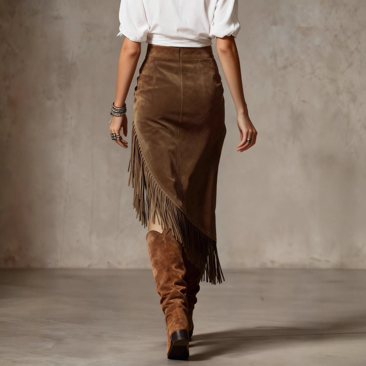 Womens Retro Western Fringe Hem Irregular Suede Skirt