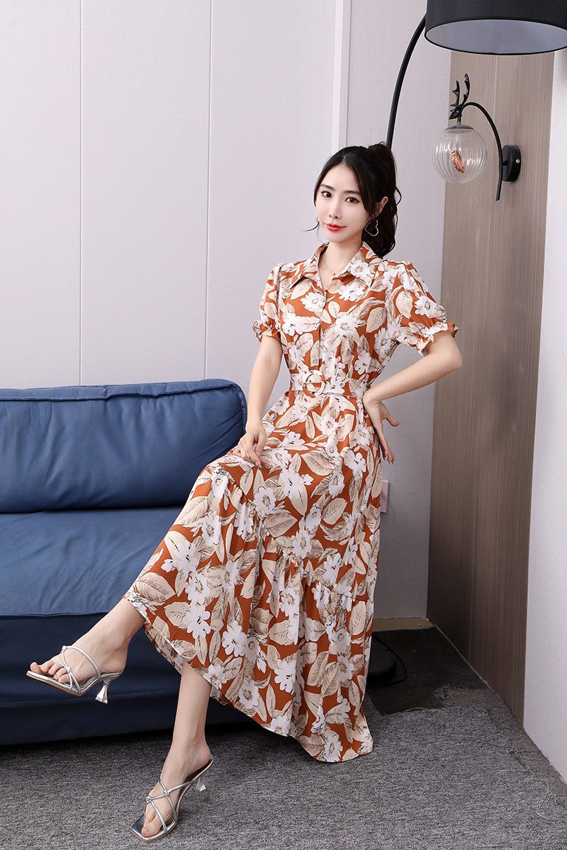 Floral Lapel Loose Fitting Short Sleeve Dress