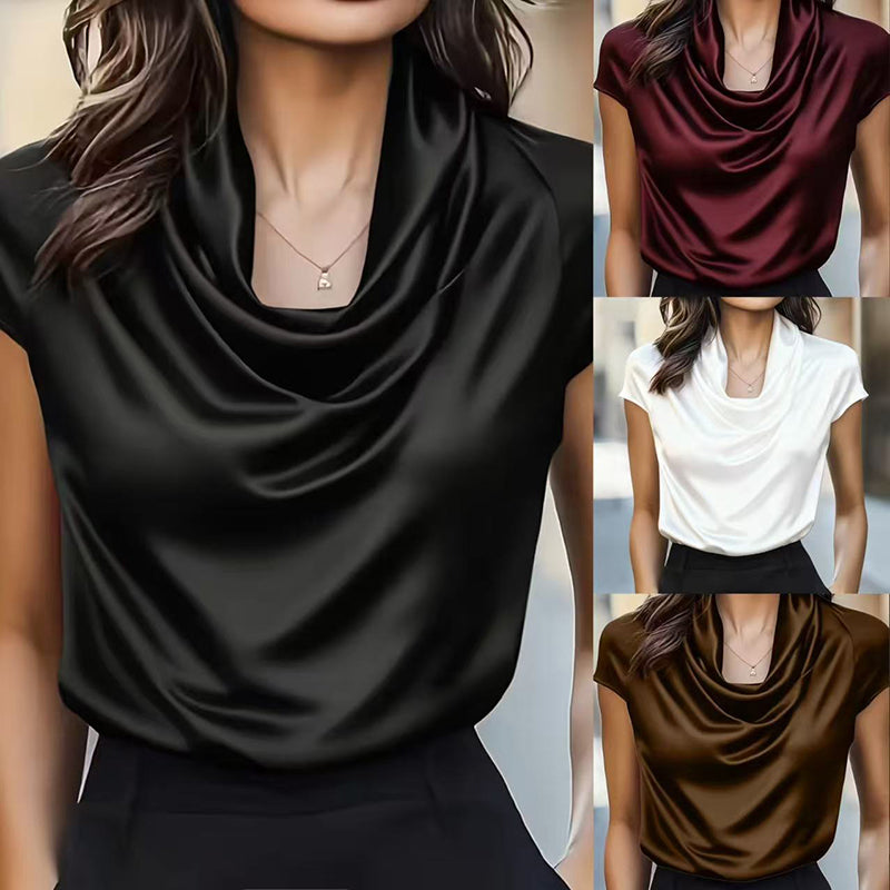 Women's Solid Color Cowl Neck Ruched Blouse, Elegant Short Sleeve Shiny Office Shirt, Wrinkle-Resistant For Wedding & Formal Occasions